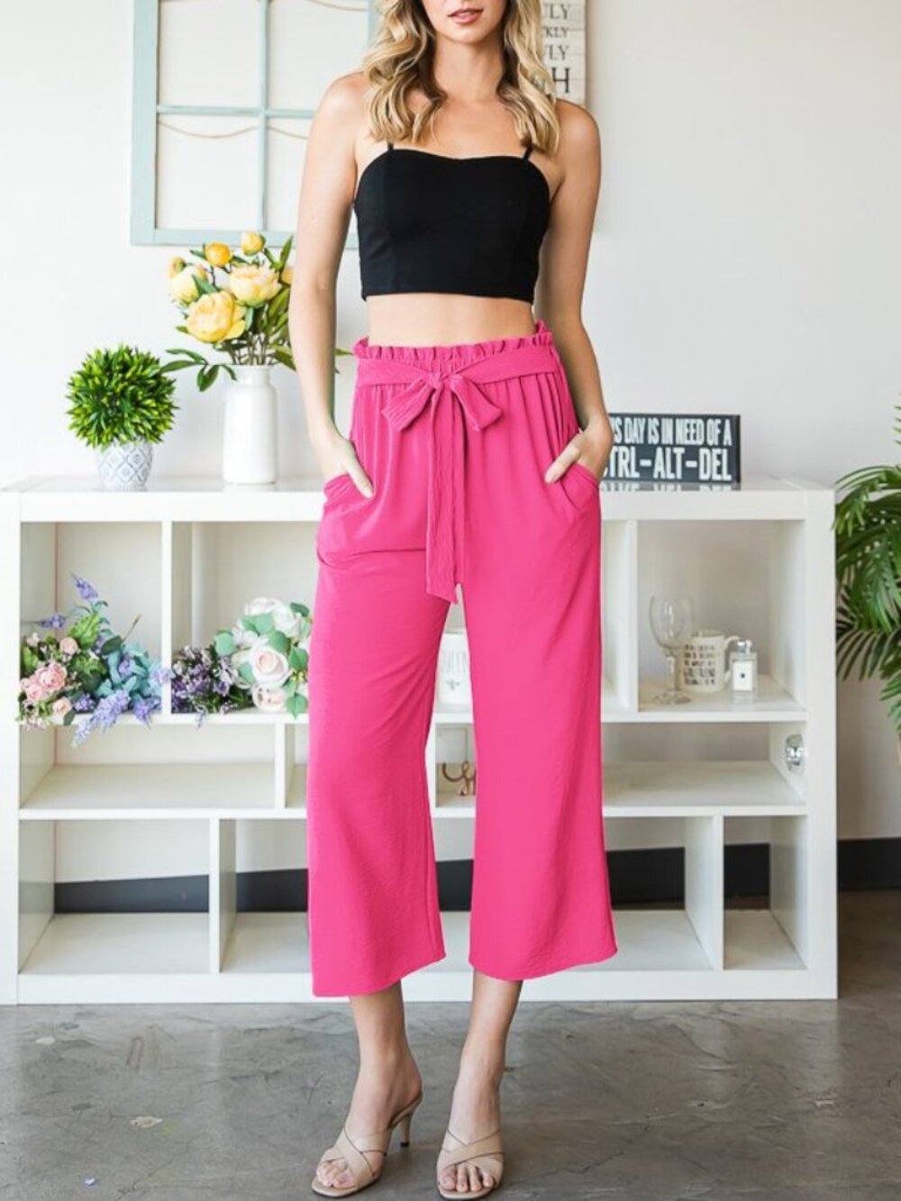 B74 PAPERBAG WAISTBAND SOLID WOVEN CULOTTES PANTS FUSCHIA NEW